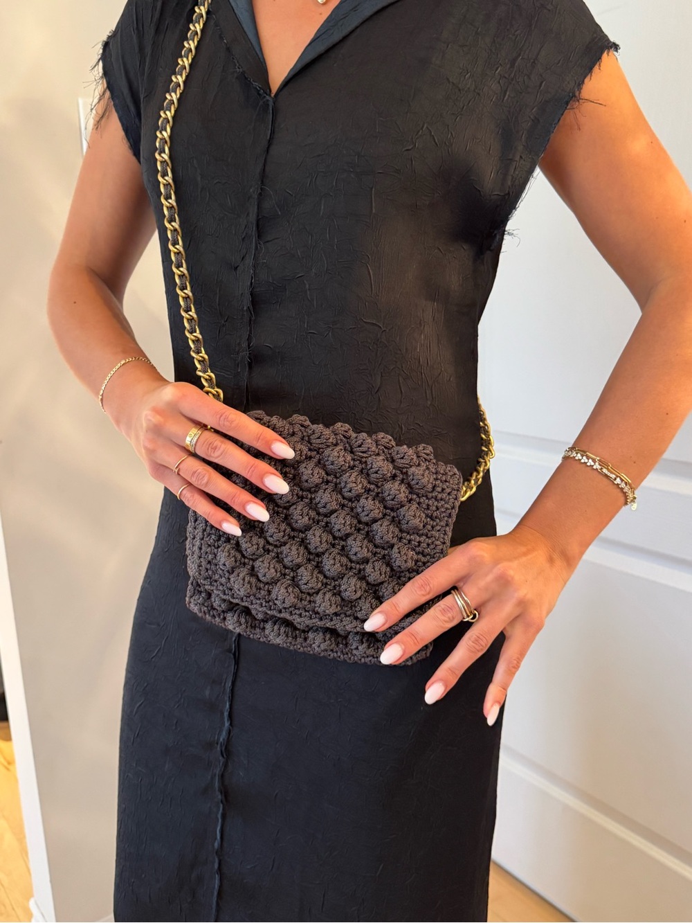 Handcrafted Dark Gray Crochet Crossbody Bag with Gold Chain